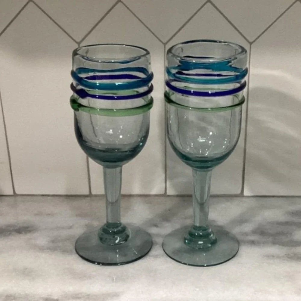 Pier 1 Imports Water Goblets, Set‎ of 2, Vintage Hand Blown Multicolor Rings